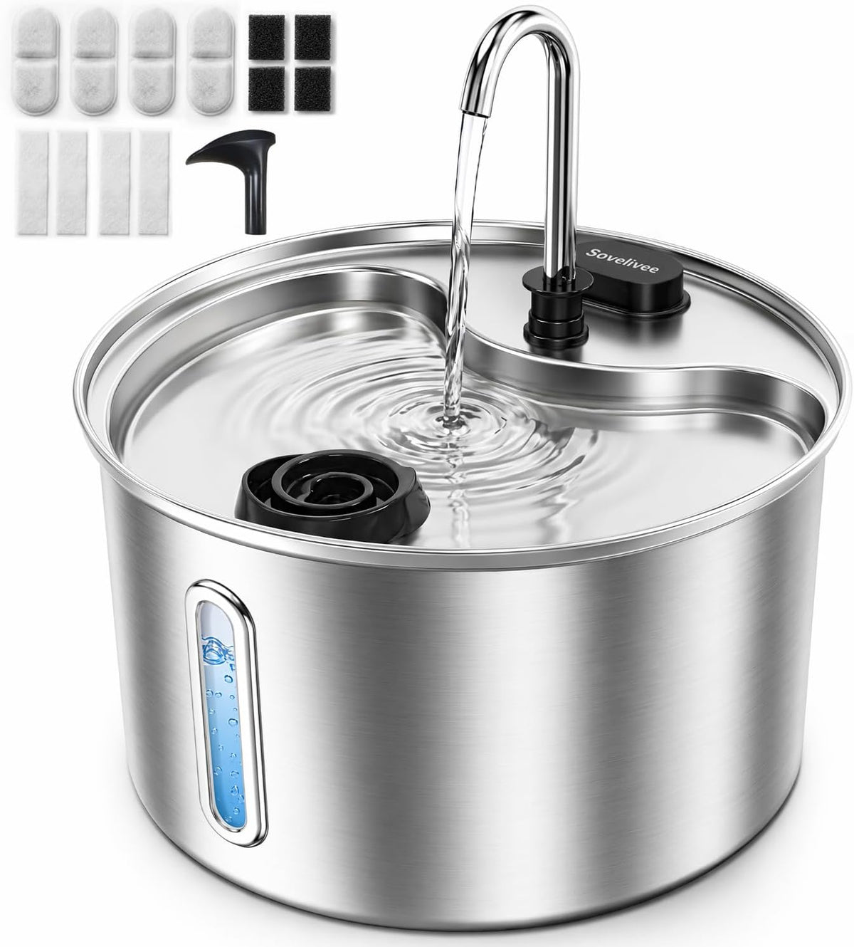 SOVELIVEE Fuente de agua para gatos de acero inoxidable 304, fuente...