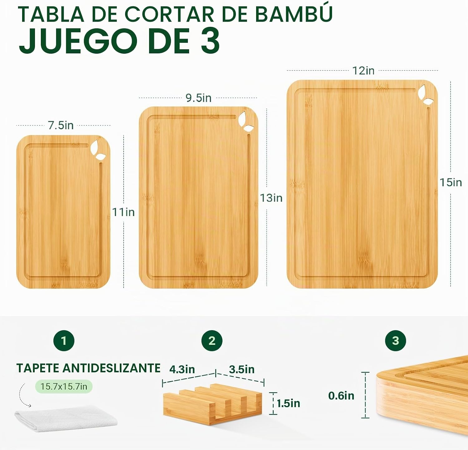 Toolola Tablas de cortar de bambú para cocina con soporte y alfombr...
