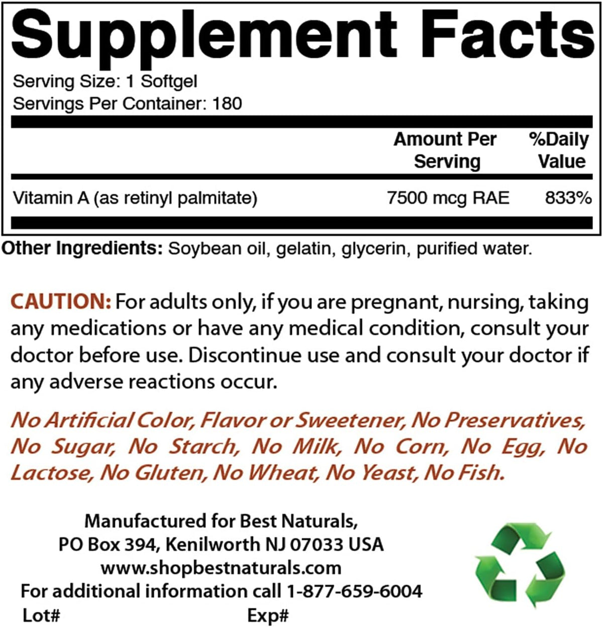 Best Naturals Vitamina A 25000 UI (7500 mcg), fórmula sin OMG que a...