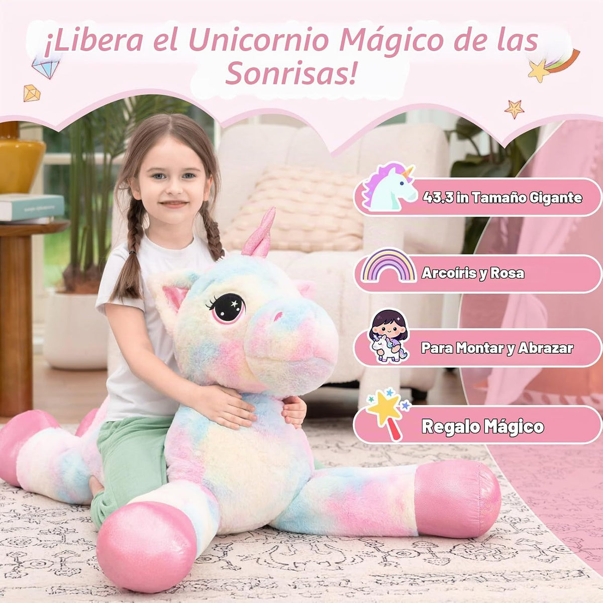 Muiteiur Animal de peluche de unicornio de 43.4 pulgadas, unicornio...