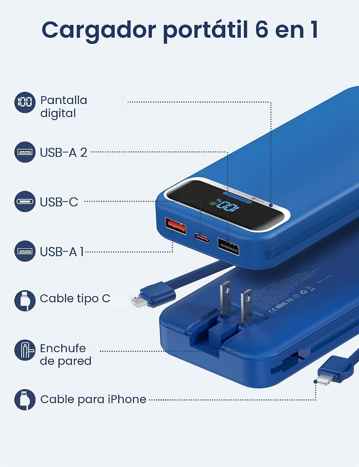 Cargador portátil aonidi de 12000 mAh con cables integrados y enchu...