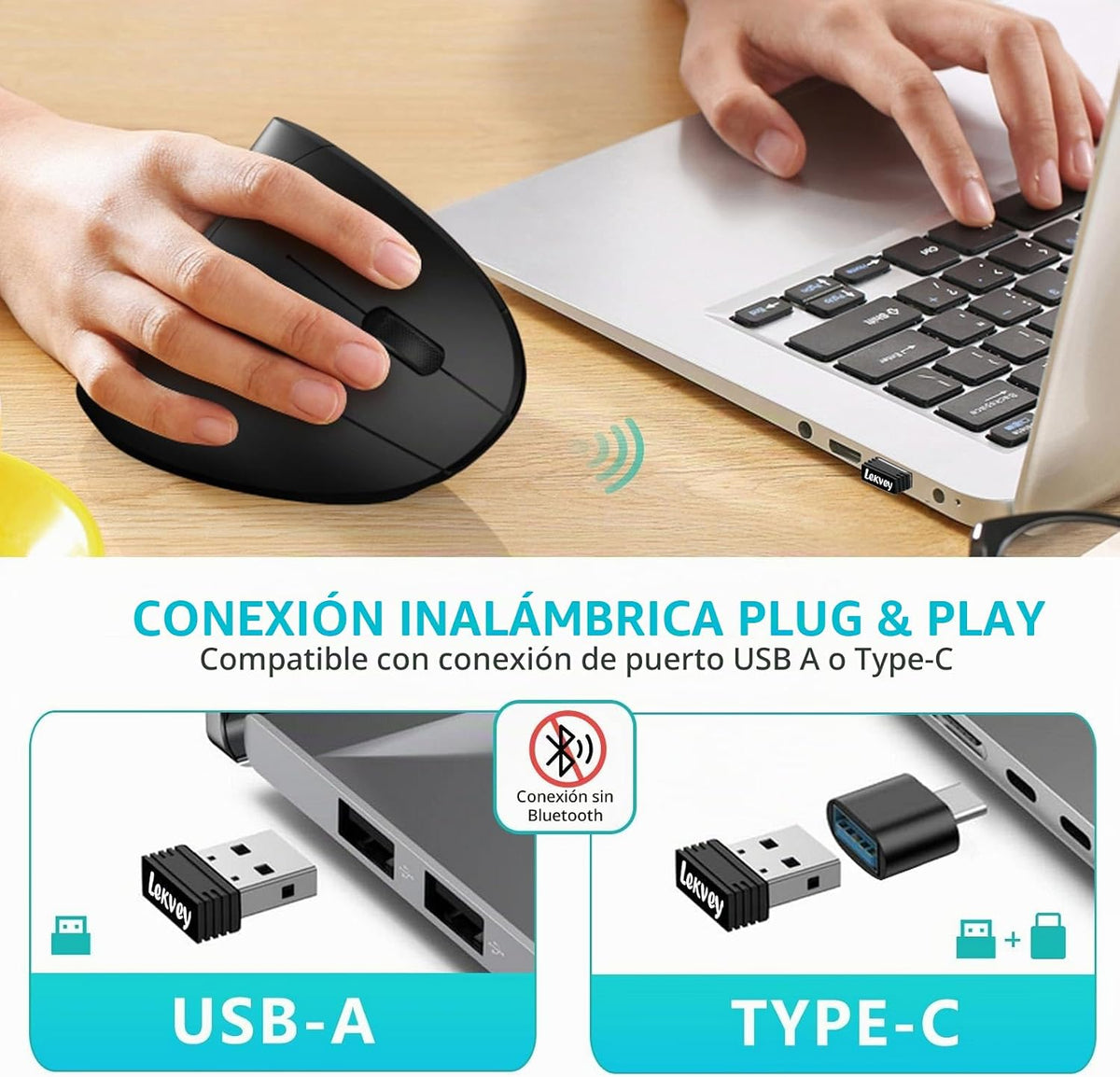Lekvey Ratón ergonómico, USB C vertical inalámbrico, recargable, ne...