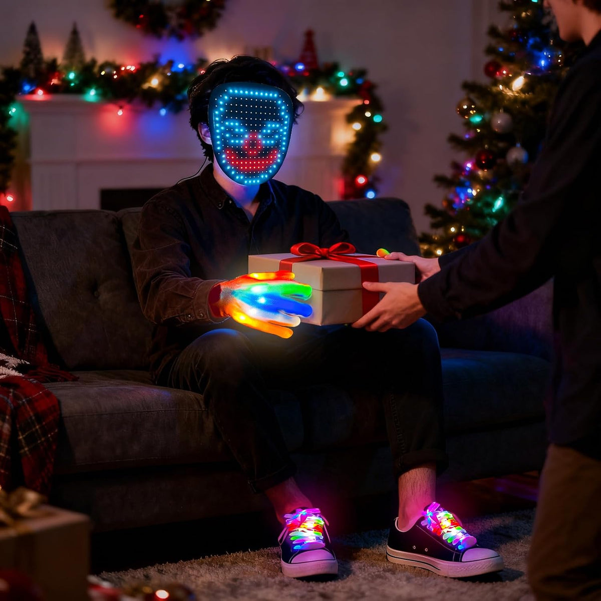 Juego de 3 guantes y cordones de esqueleto con máscara LED con dete...
