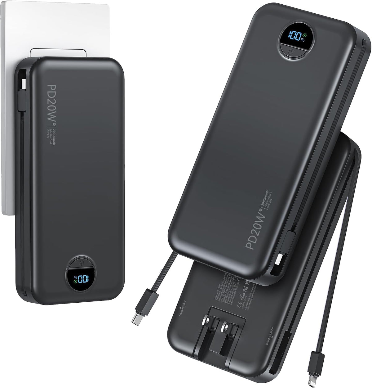 Cargador portátil Power Bank 20000mAh con cables integrados y enchu...