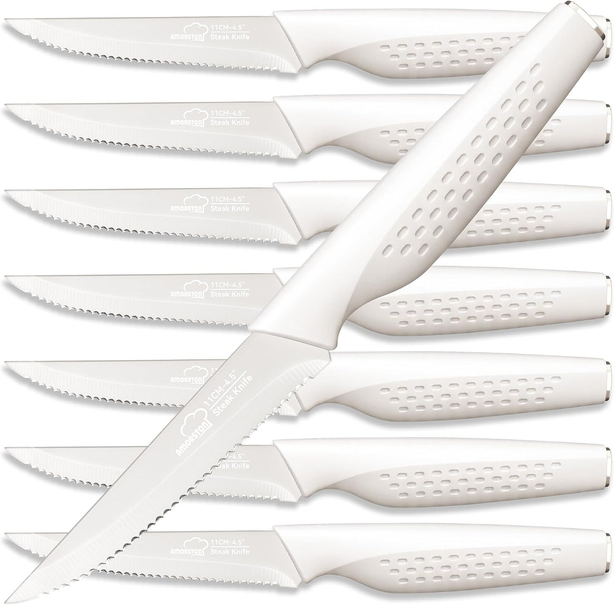 Amorston Juego de 8 cuchillos dentados de acero inoxidable blanco c...