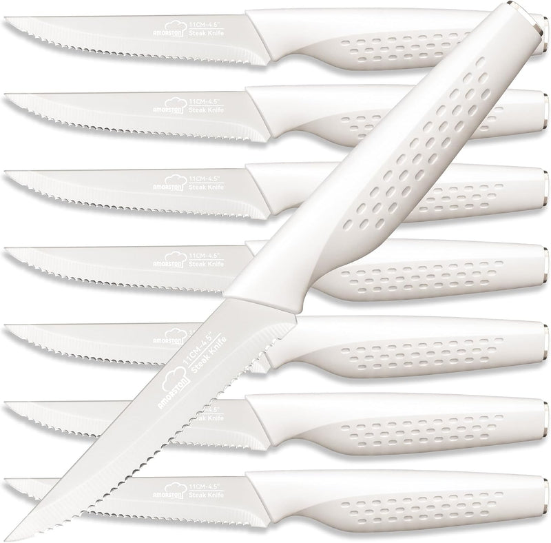 Amorston Juego de 8 cuchillos dentados de acero inoxidable blanco c...