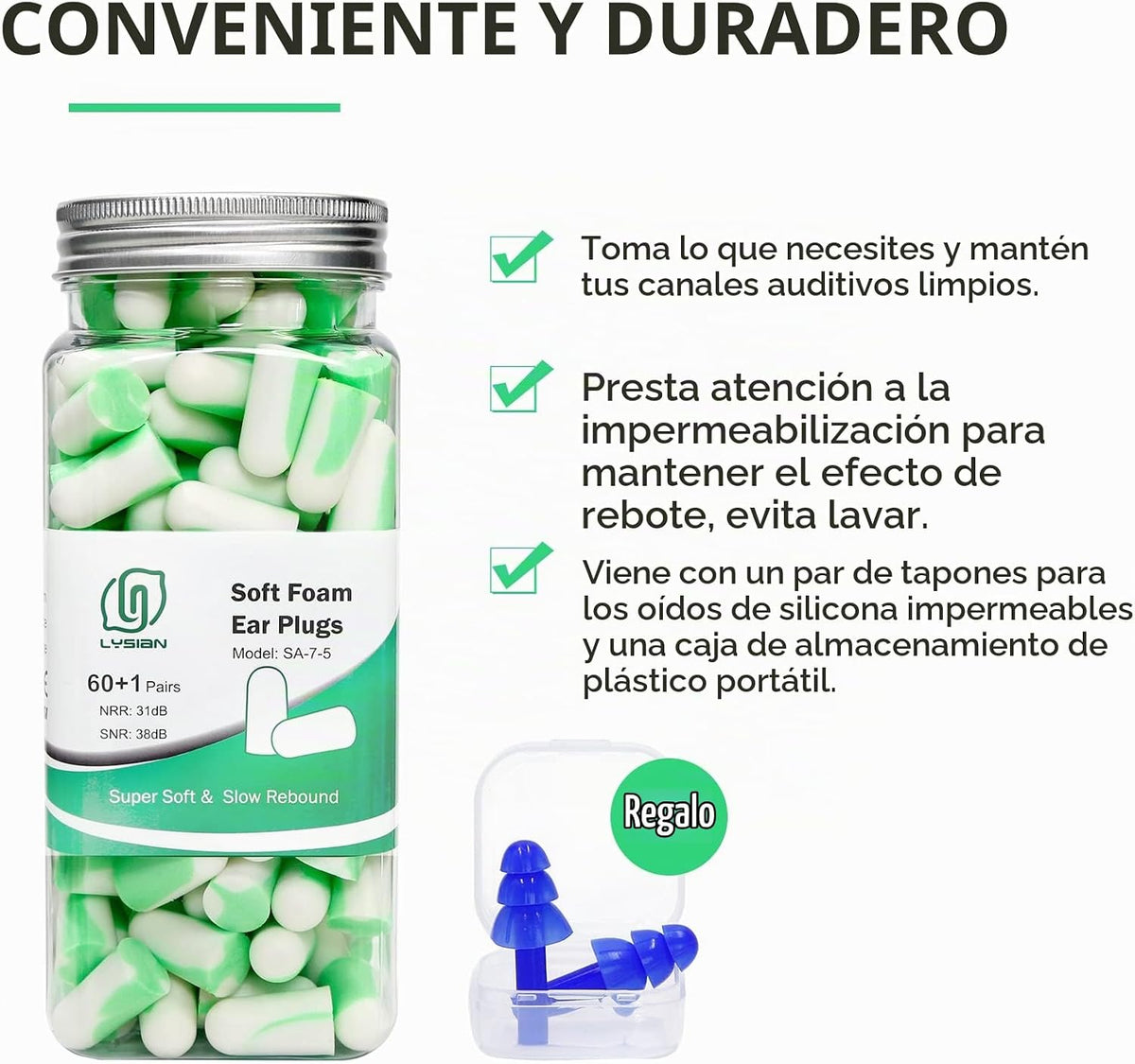 LYSIAN Tapones de espuma para cancelación de ruido, 60 pares, 38dB...