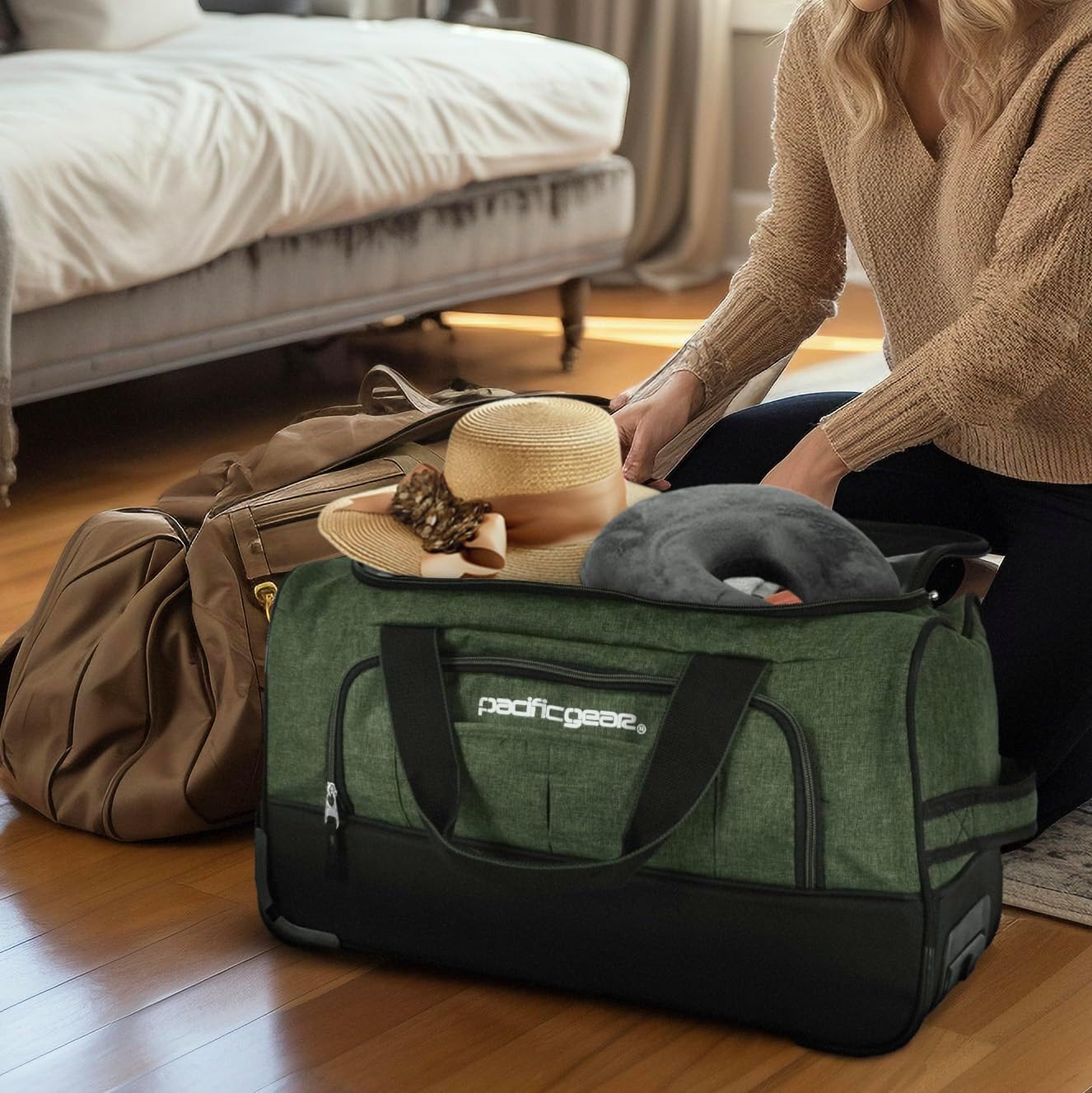 Pacific Gear - Bolsa de lona con ruedas rodantes, Verde
