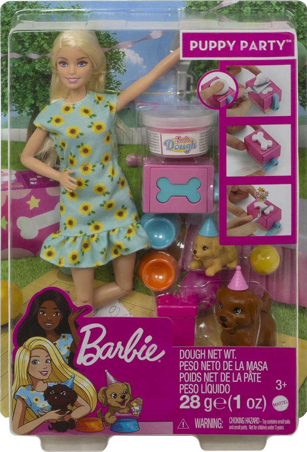 Muñeca y set de juego Barbie Puppy Party, muñeca rubia con vestido...