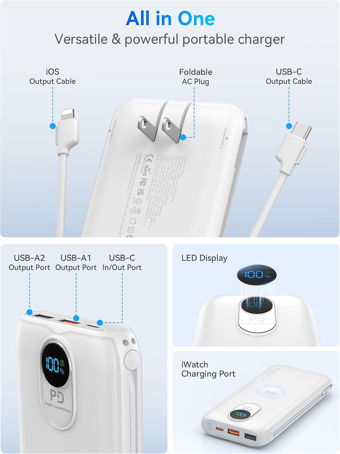 Cargador portátil Power Bank 10000mAh PD20W con cables incorporados...