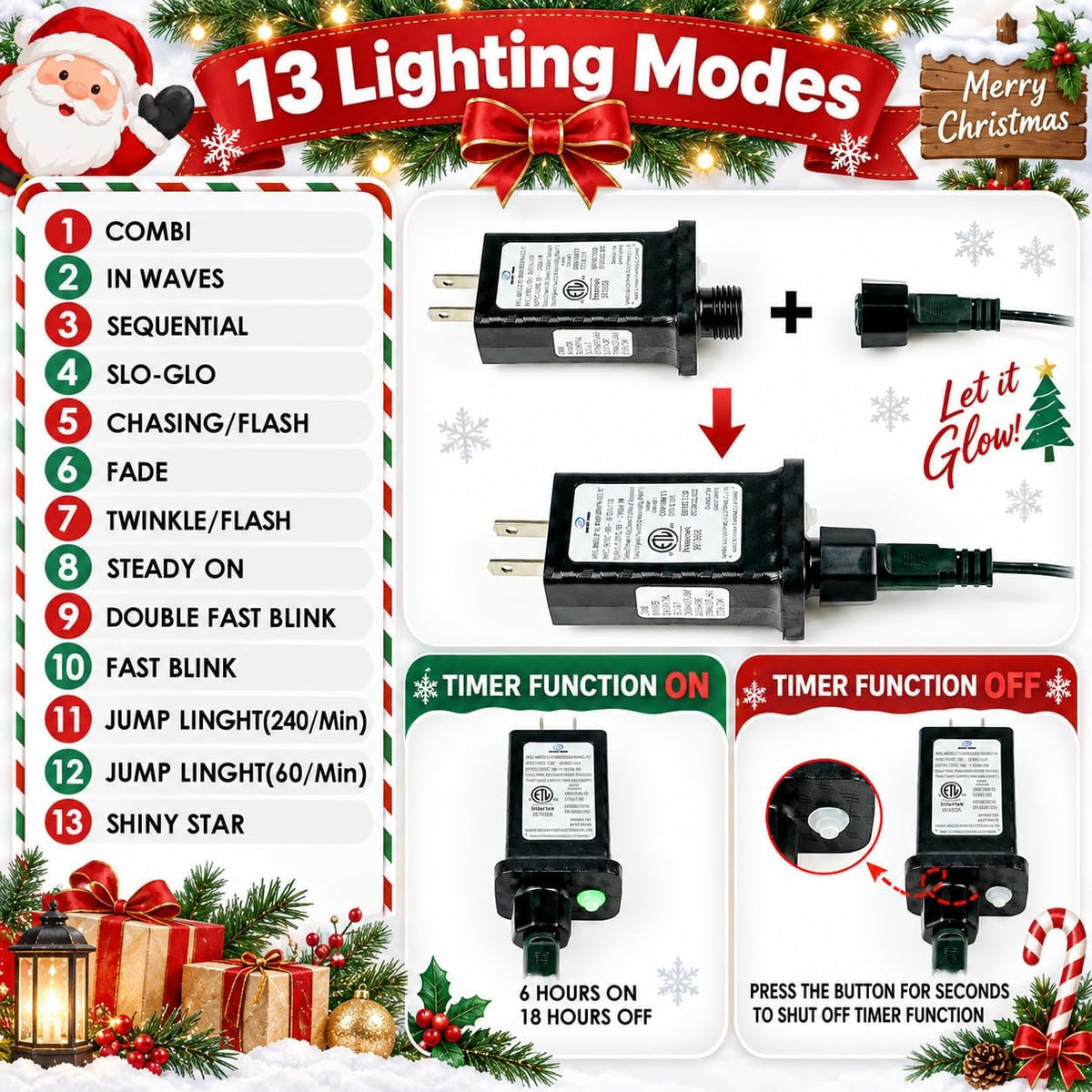 Cadena de luces de Navidad conectables de 42 pies con 100 luces LED...