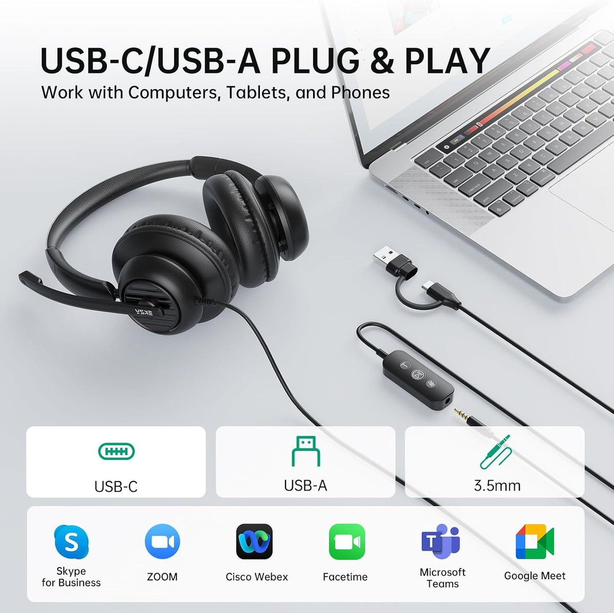 EKSA H8 - Auriculares USB con micrófono para trabajo, auriculares e...