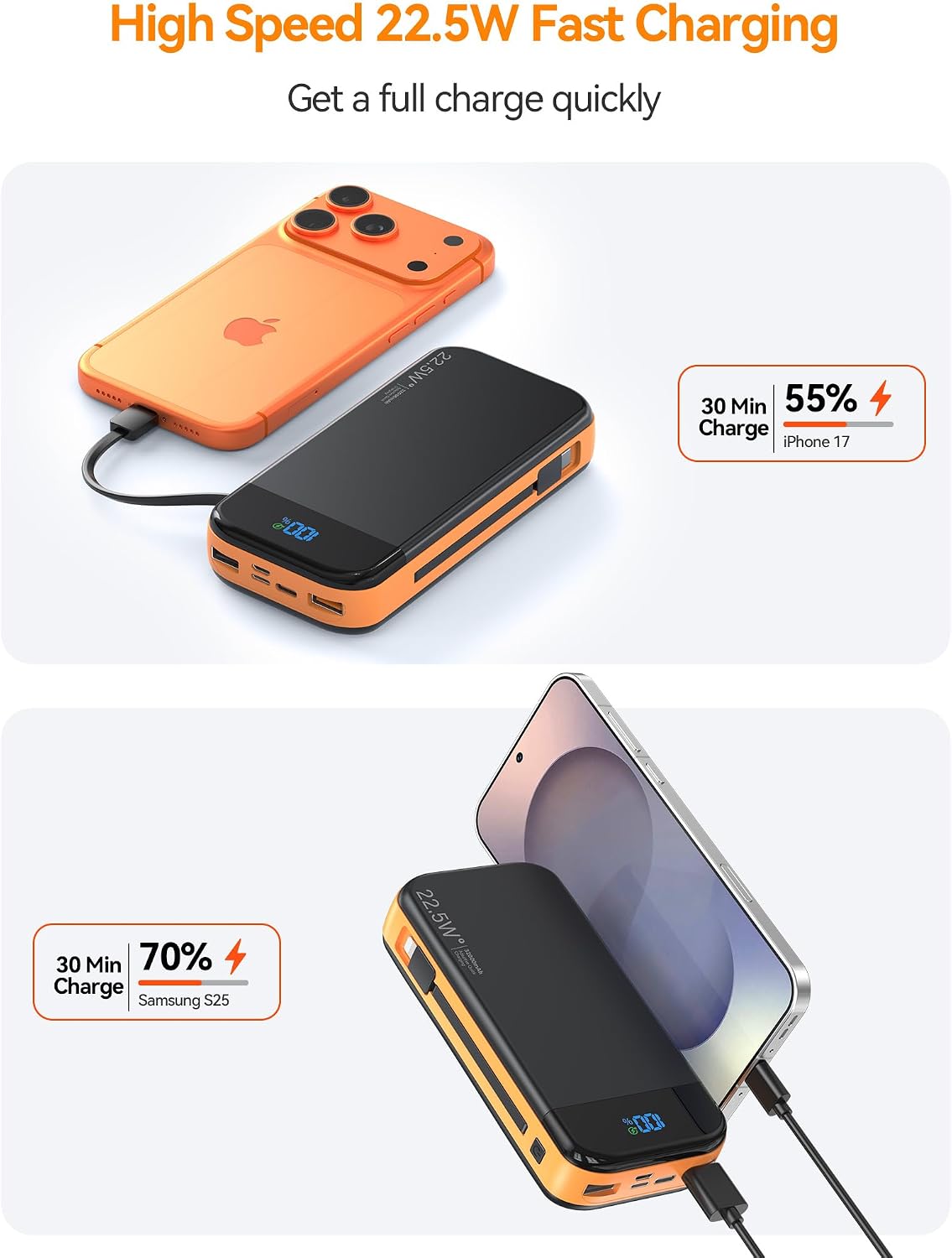 Banco de baterías para teléfono 32000mAh 22.5W con cables incorpora...
