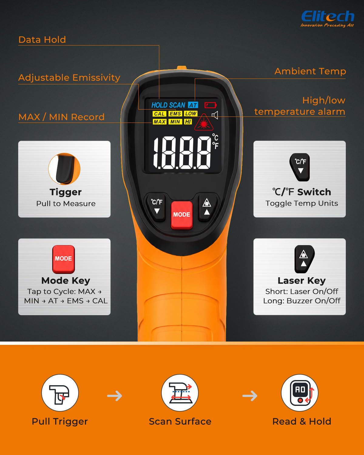 Elitech DIT\u2011520 Pistola de temperatura láser 1652 °F, 900 °C T...
