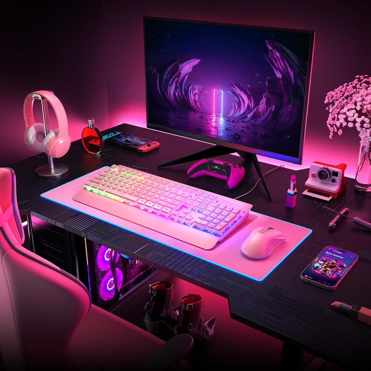 Dacoity Teclado rosa cremoso, panel totalmente metálico de 104 tecl...