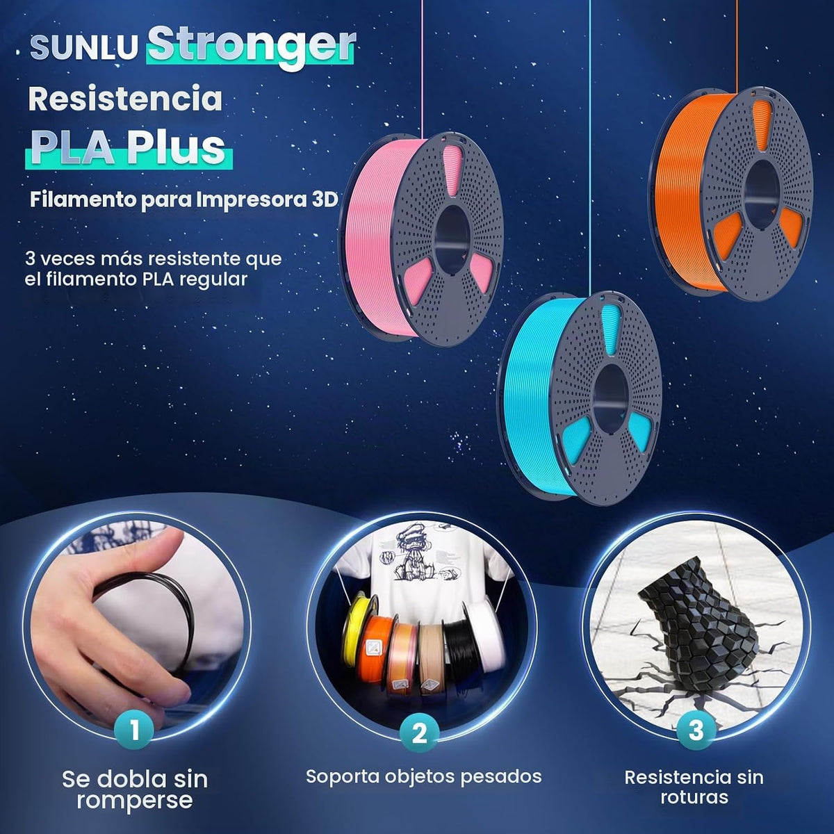 SUNLU Filamento PLA Plus para impresora 3D de 0.07 in, 4.4 lbs, gri...