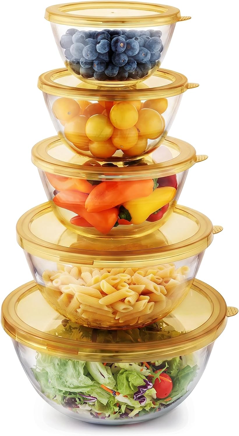 Cuiselct - Juego de 5 cuencos de vidrio para mezclar con tapas, jue...