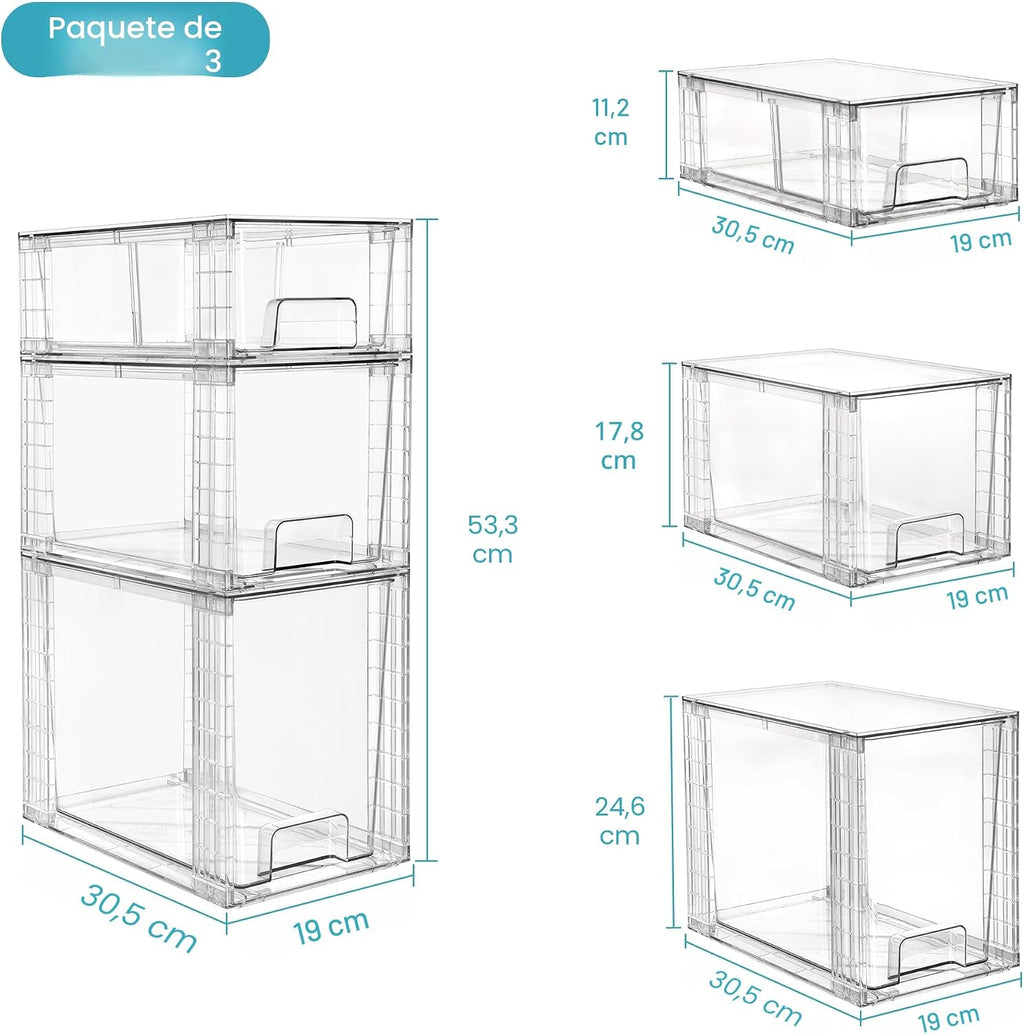 Vtopmart Paquete de 3 cajones de almacenamiento apilables transpare...
