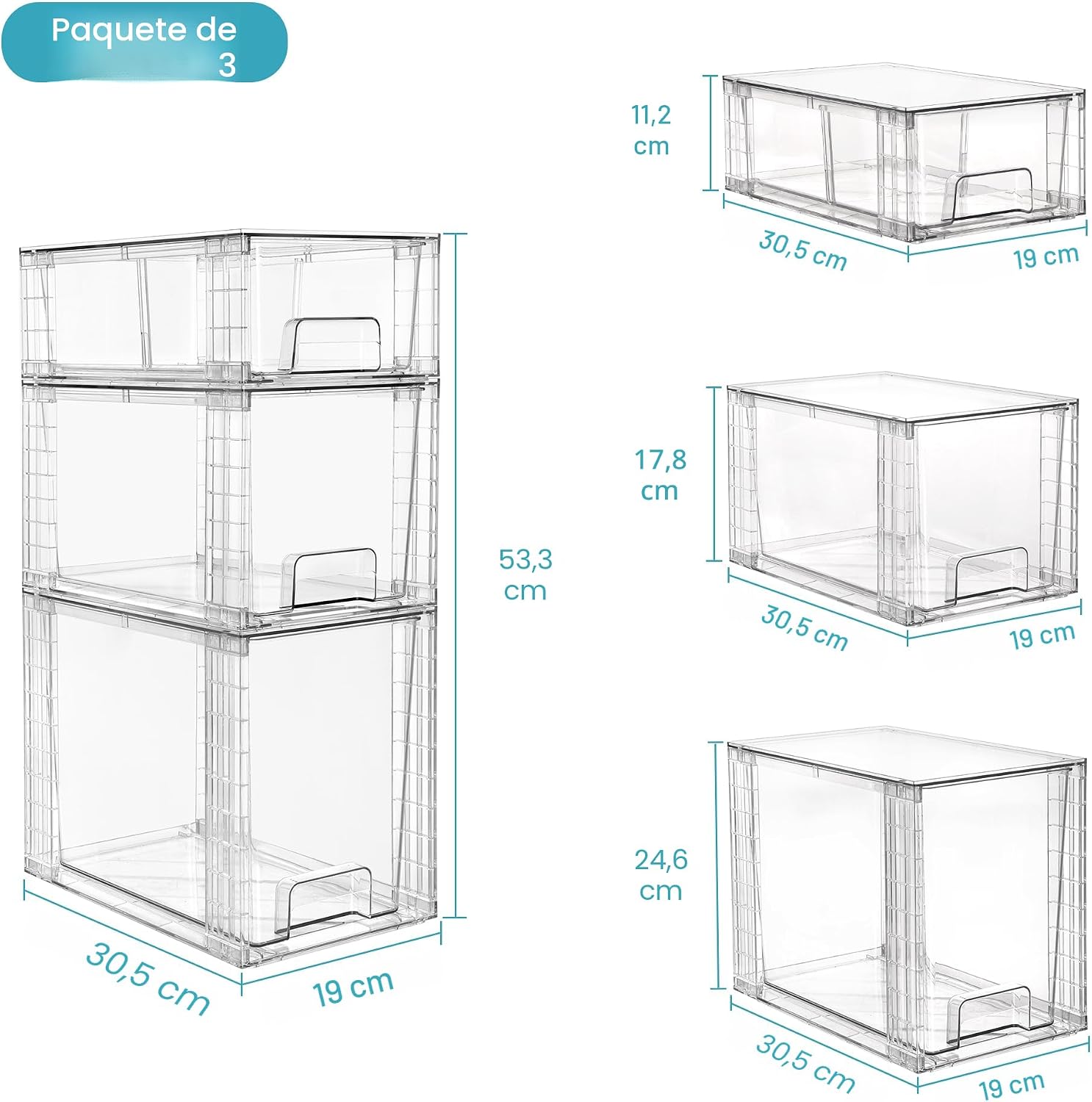 Vtopmart Paquete de 3 cajones de almacenamiento apilables transpare...