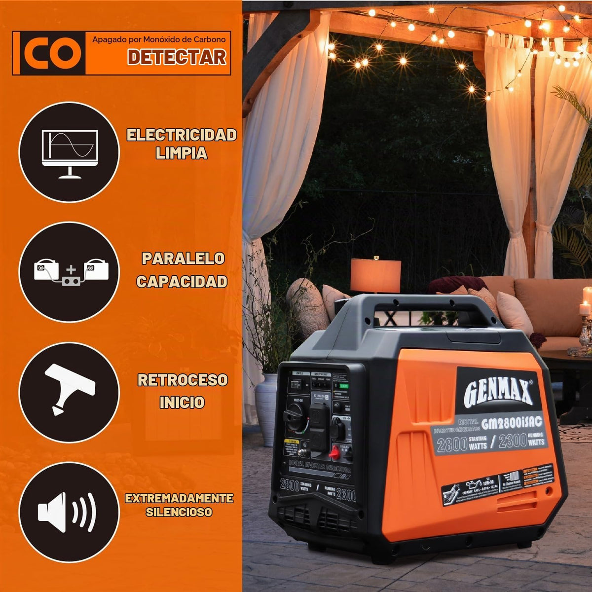 Generador portátil GENMAX, motor de gas ultrasilencioso de 2800 W,...