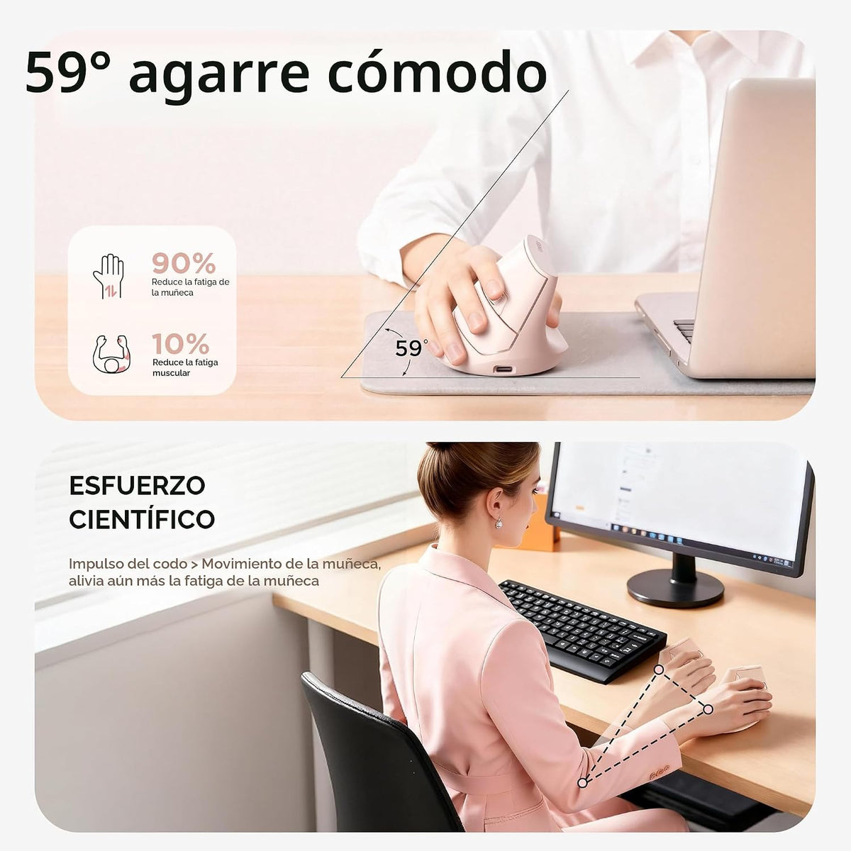 Uineer Ratón vertical ergonómico, ratón inalámbrico 2.4G, recargabl...