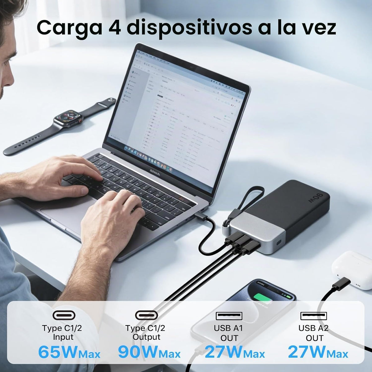 Cargador portátil NOBIS 20000mAh 90W Power Bank con cable desmontab...