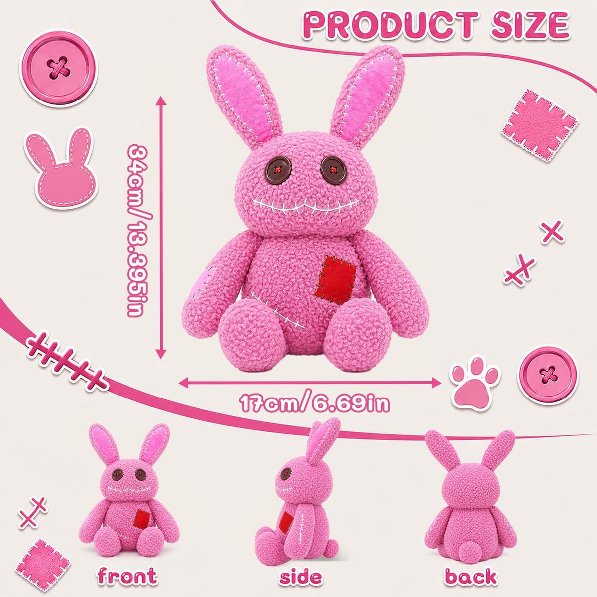 PHHKK Peluche de conejo rosa cosido gótico de Halloween, espeluznan...