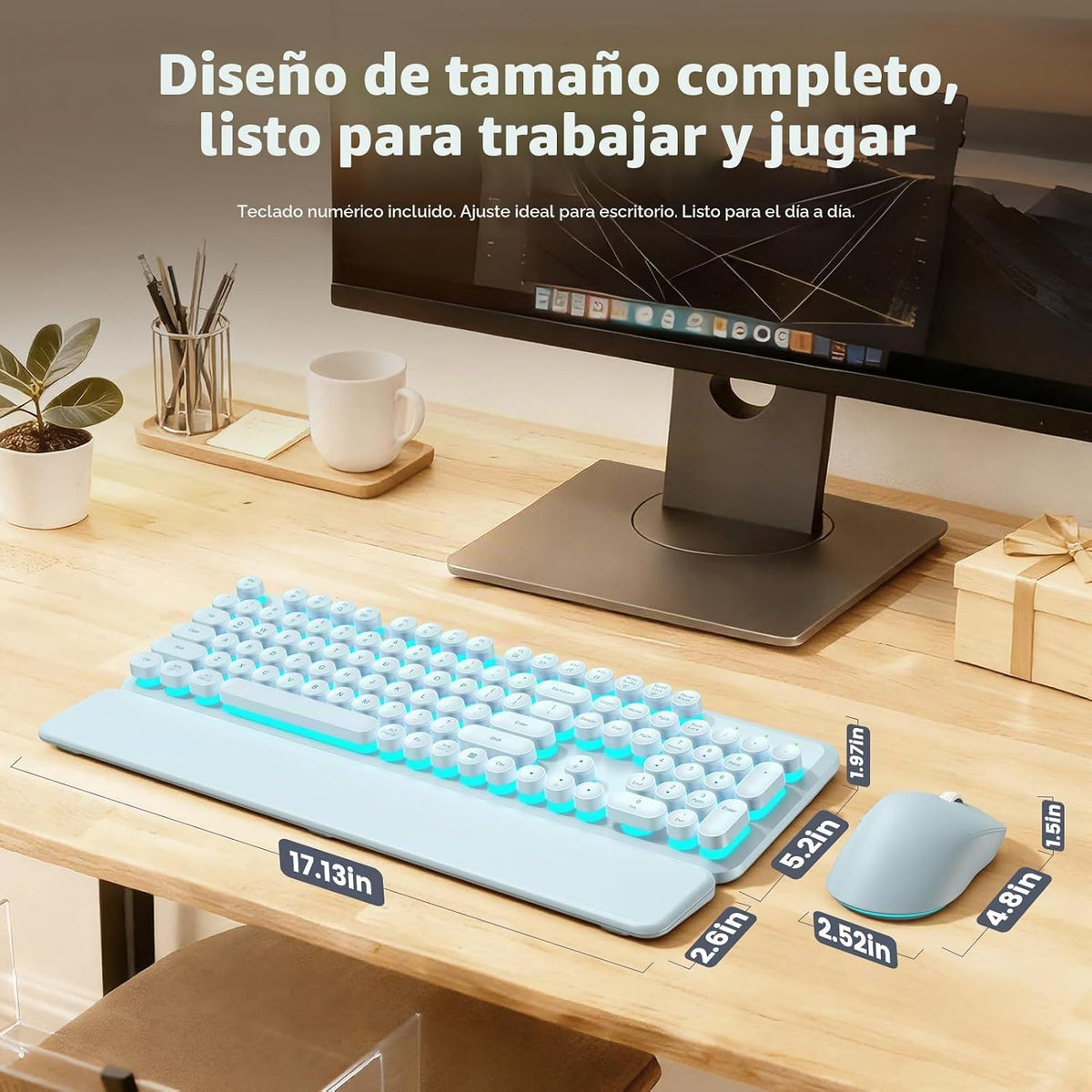 Combo de teclado y mouse inalámbricos, teclas redondas retroilumina...