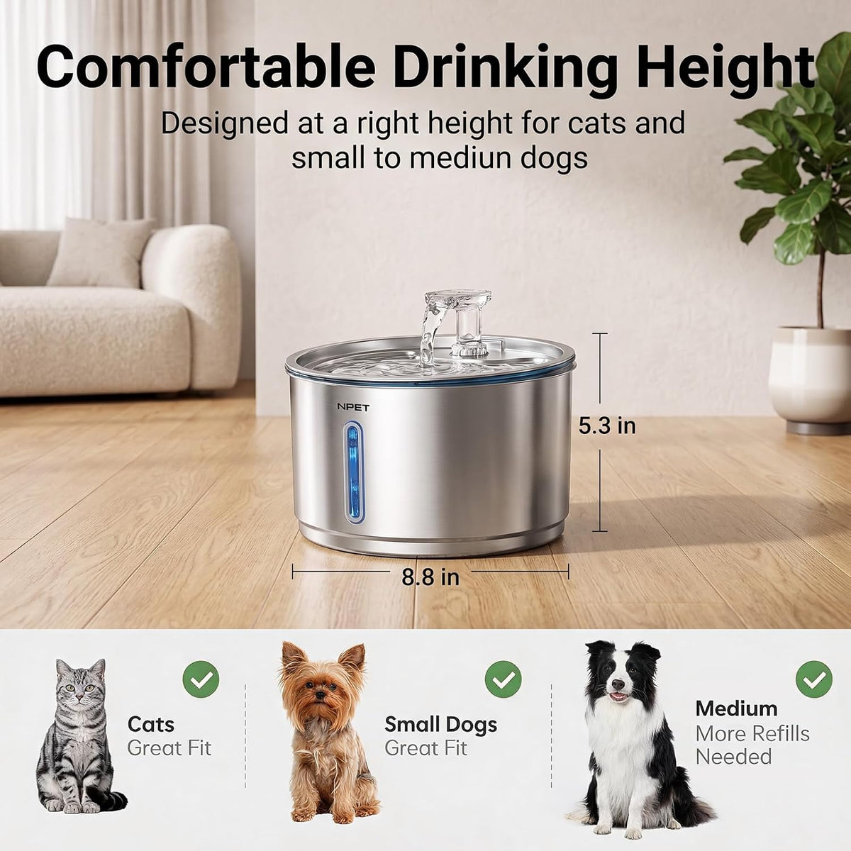 NPET Fuente de agua de acero inoxidable para gatos, 1 galón\/135 on...