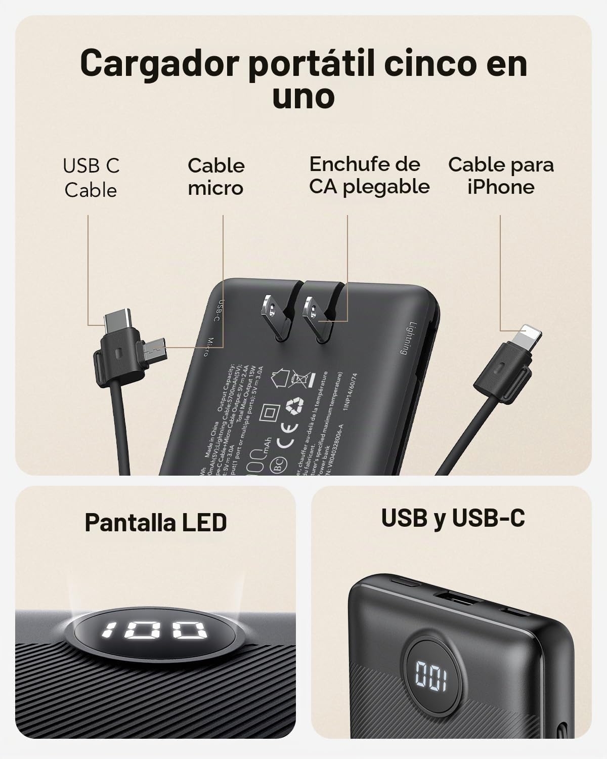 VRURC Cargador portátil, cables integrados en el banco de energía y...