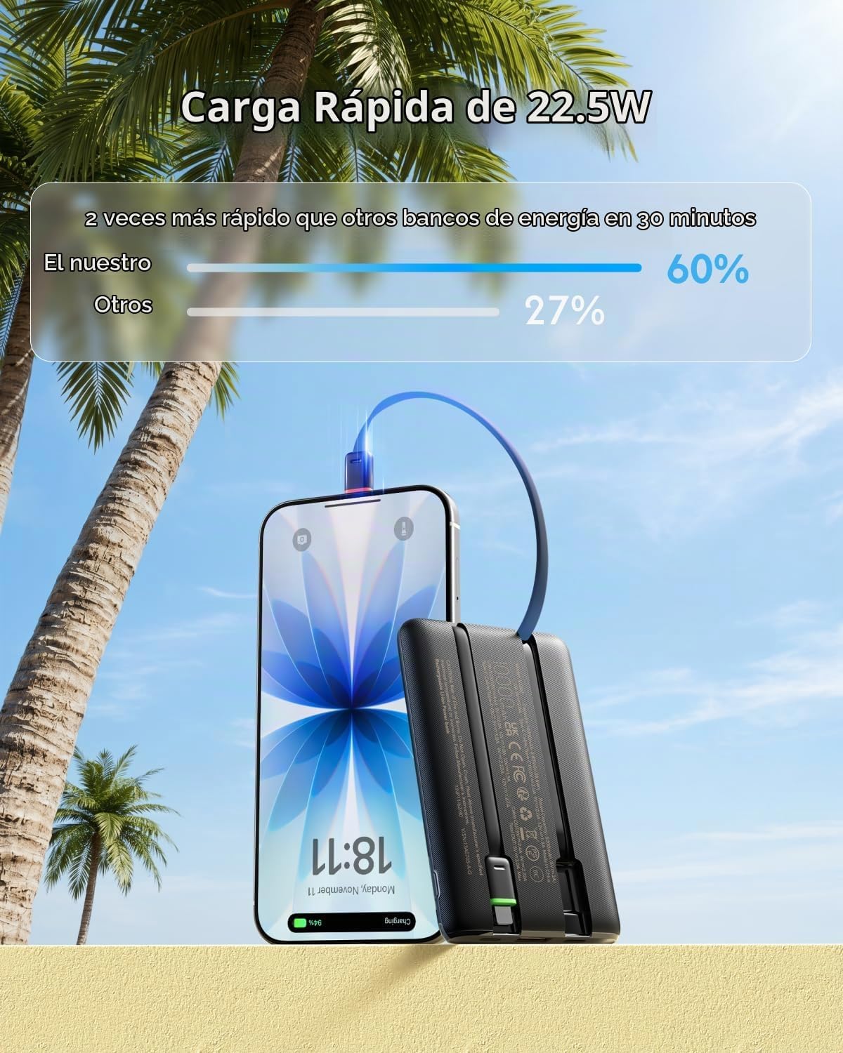 VEGER 10000mAh 22.5W Cargador portátil de carga rápida con cables i...