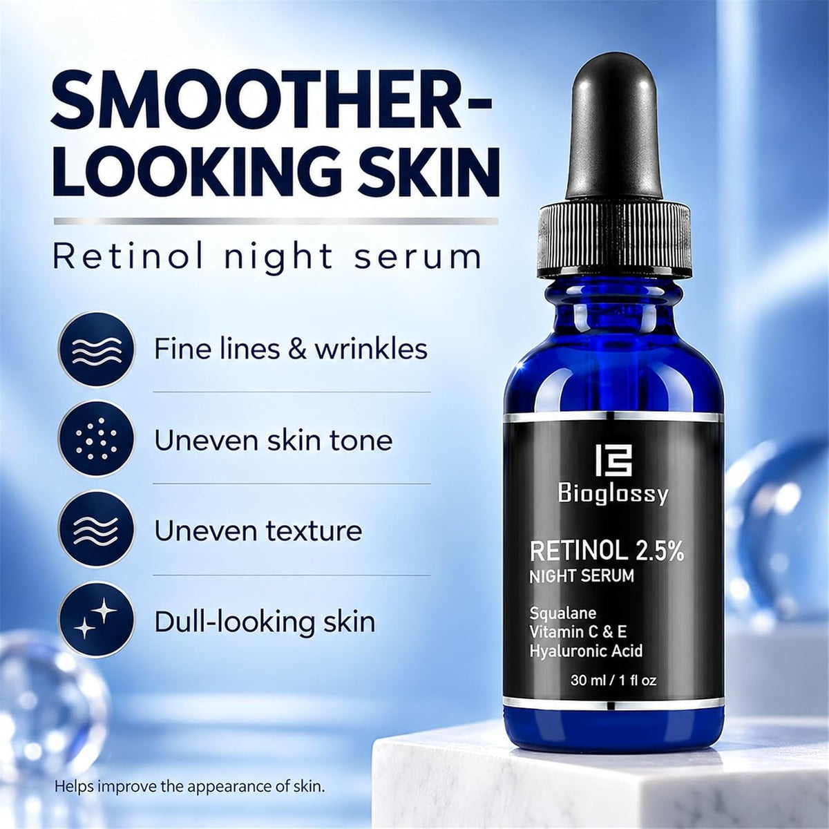 Bioglossy Suero de retinol para cara, 2.5% retinol intenso suero no...