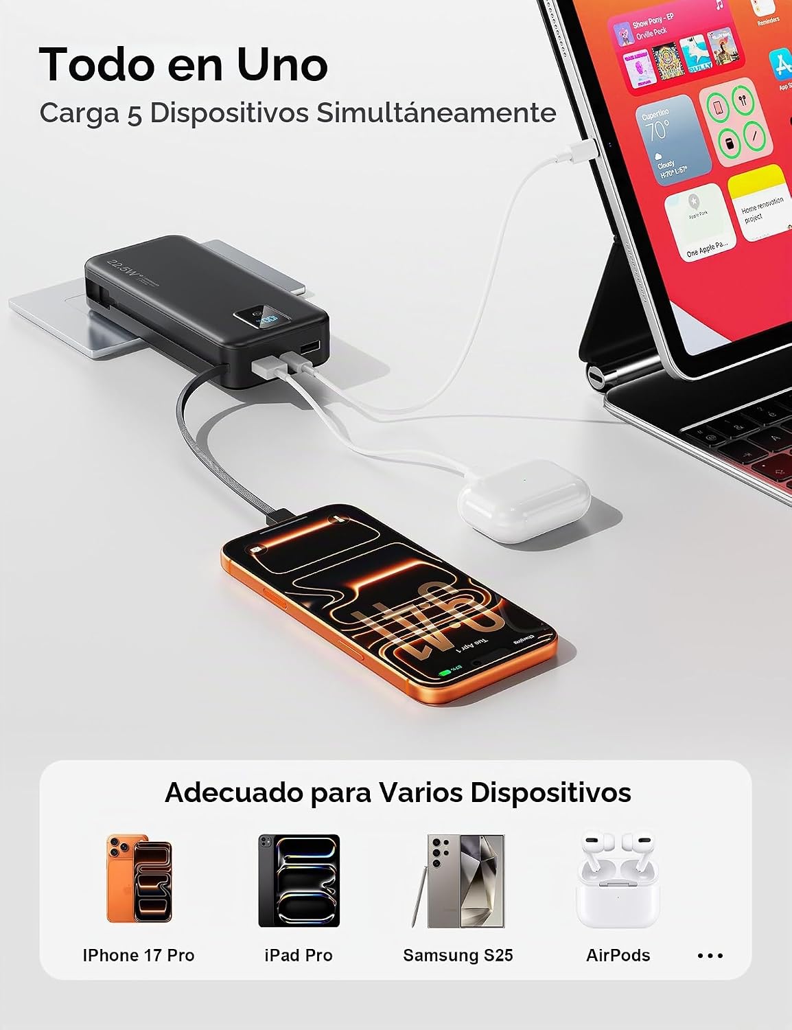 Rngsnoy Cargador portátil 20000mAh 22.5W w\/Cable incorporado y enc...