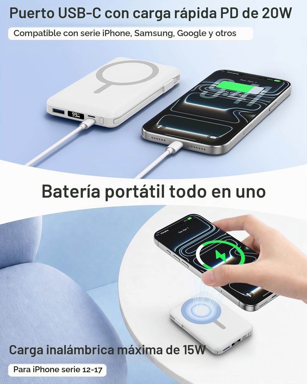Gawegar para cargador portátil MagSafe, banco de energía magnético...