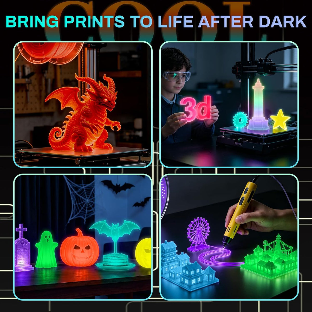 Frucindra Filamento PLA+ para impresora 3D, brillo en la oscuridad,...
