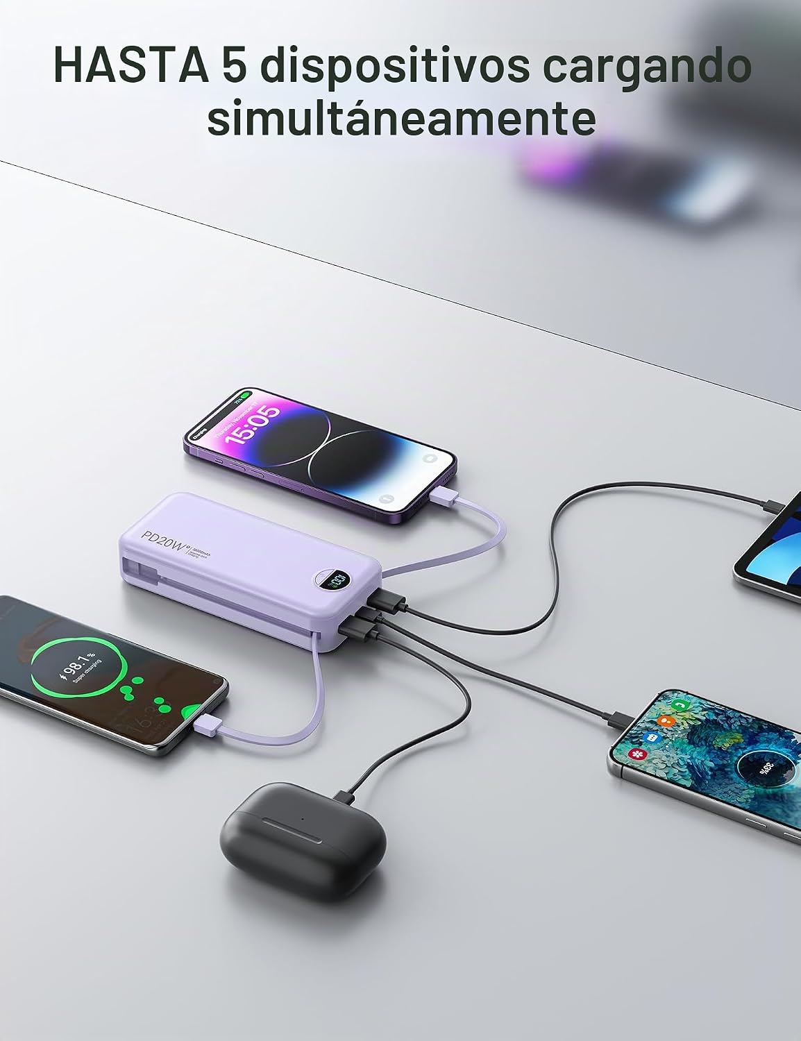 Cargador portátil Power Bank 20000mAh con cables integrados y enchu...