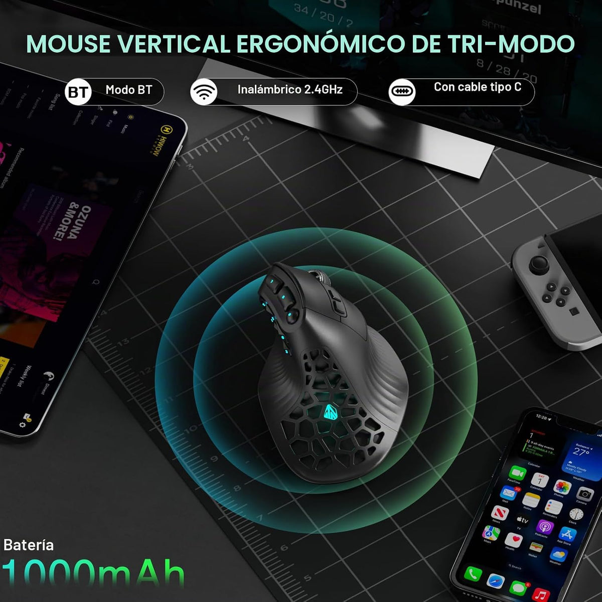 SOLAKAKA Ratón MMO ergonómico vertical E9 con 10 botones laterales,...