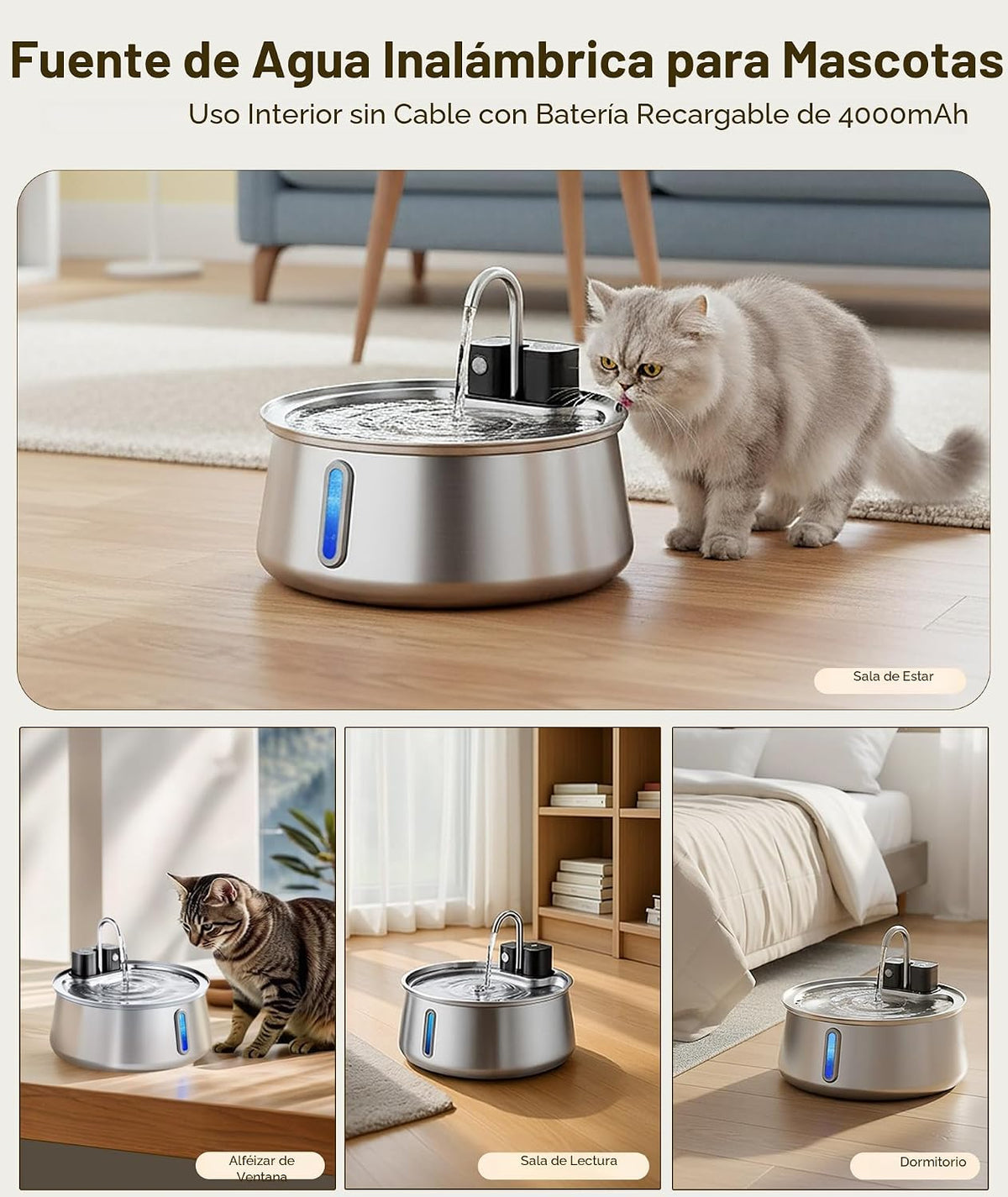 CEESC Fuente de agua inalámbrica para gatos, acero inoxidable, 4L\/...