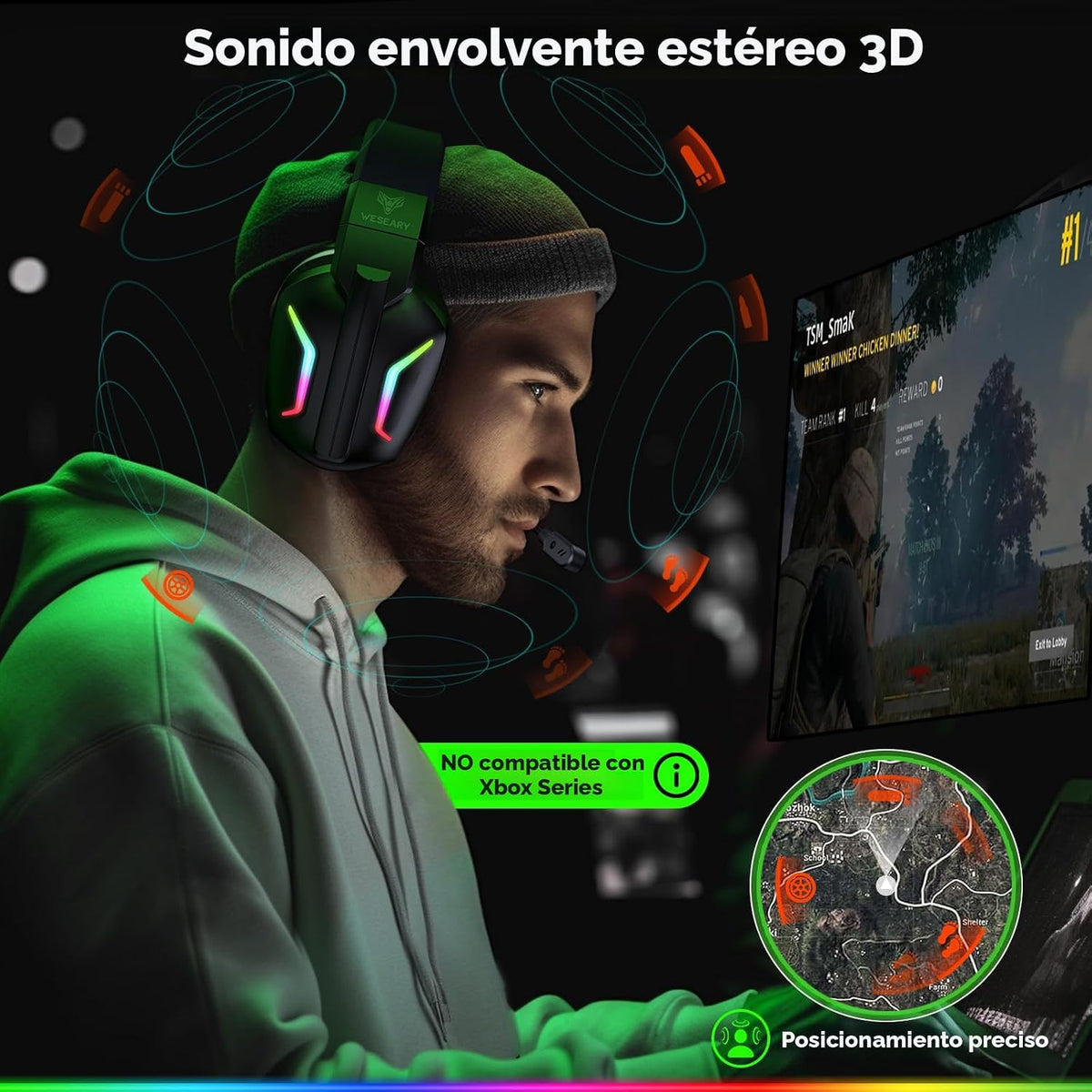 WESEARY Audífonos inalámbricos para juegos para PC, PS5, PS4, Switc...