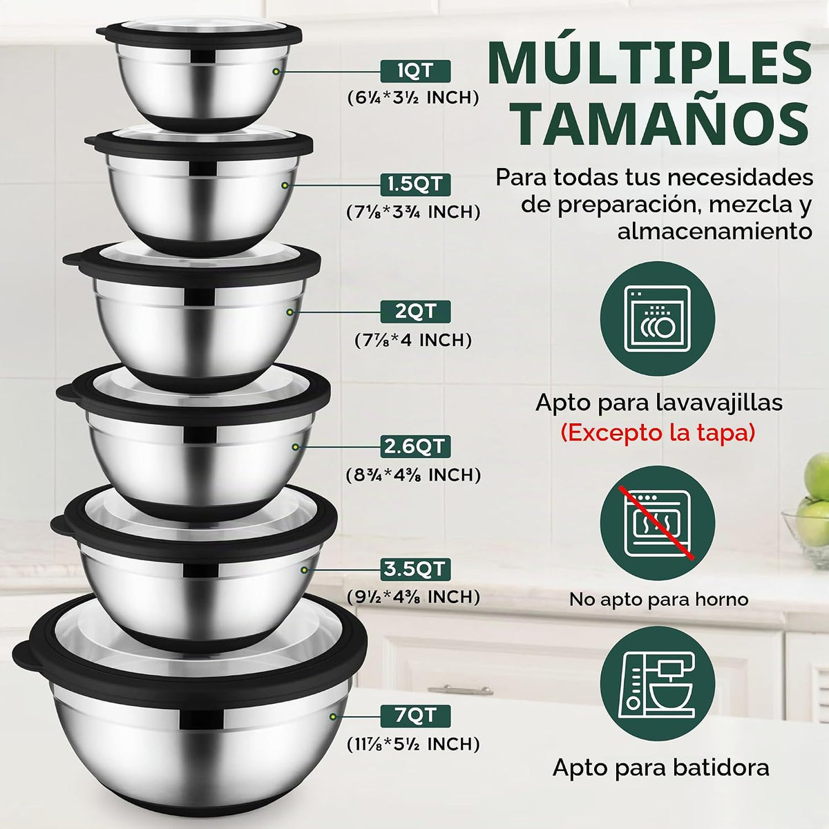 Onader Juego de 6 tazones para mezclar con tapas para cocina, tazon...