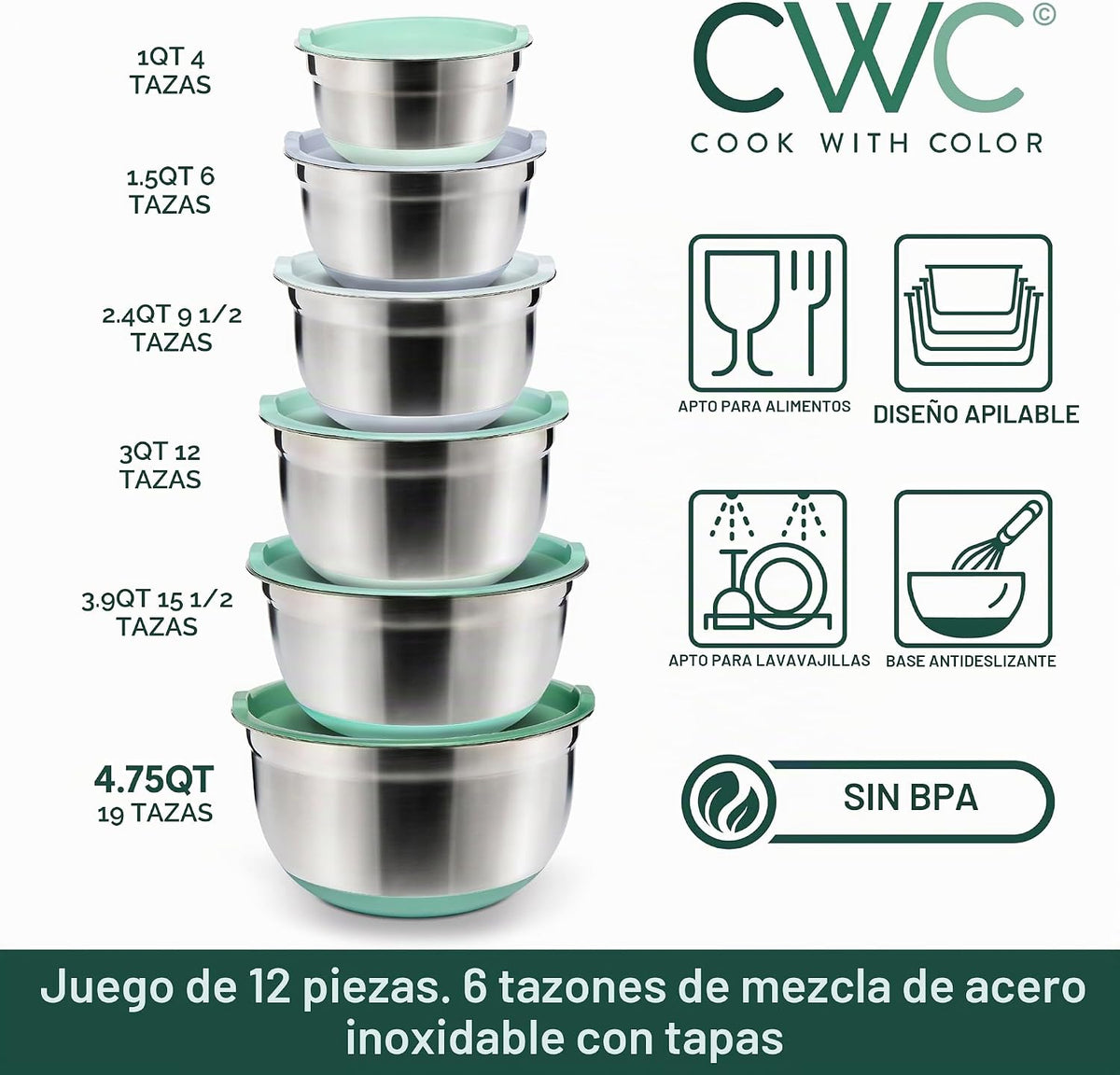 COOK WITH COLOR Juego de tazones para mezclar de acero inoxidable c...