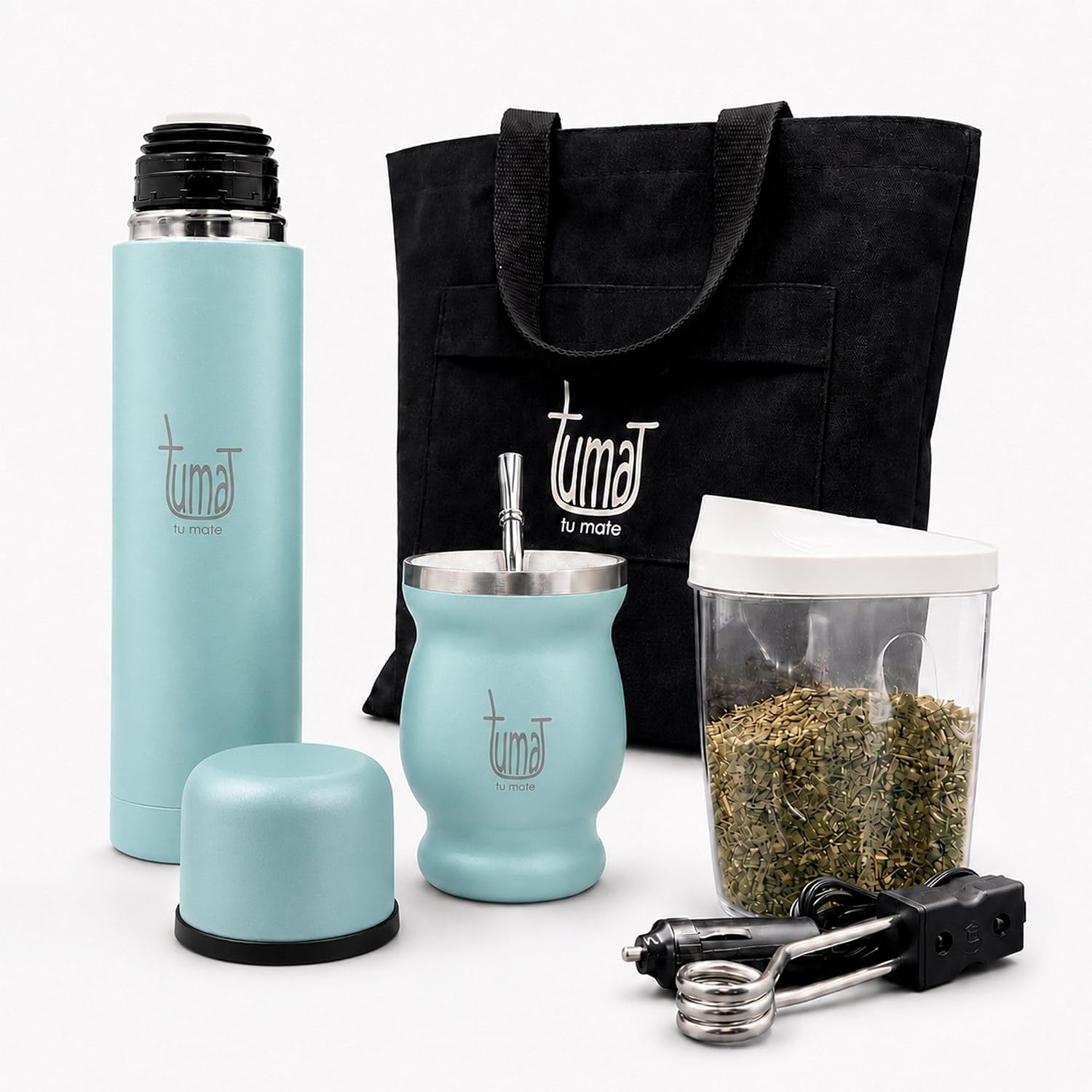 TUMA TU MATE Kit completo de yerba mate, botella térmica AutoMate de doble tapa, taza mate y bombilla, 25.4 fl oz de acero inoxidable de doble pared, bolsa de lona, contenedor Yerbero y calentador
