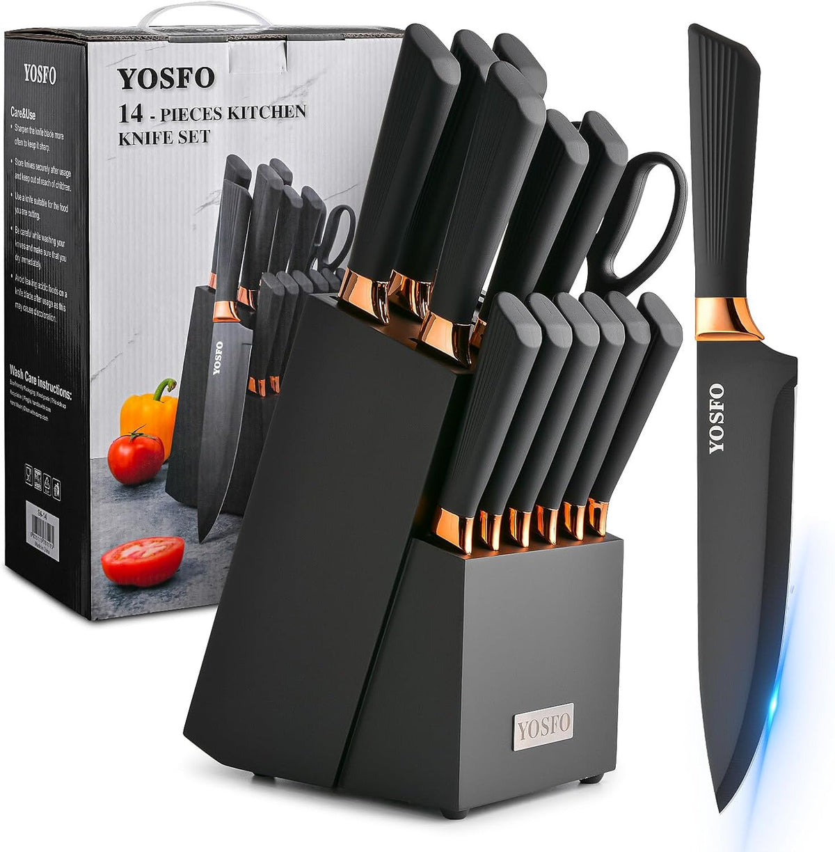 YOSFO - Juego de cuchillos de cocina, 15 piezas con bloque y afilad...