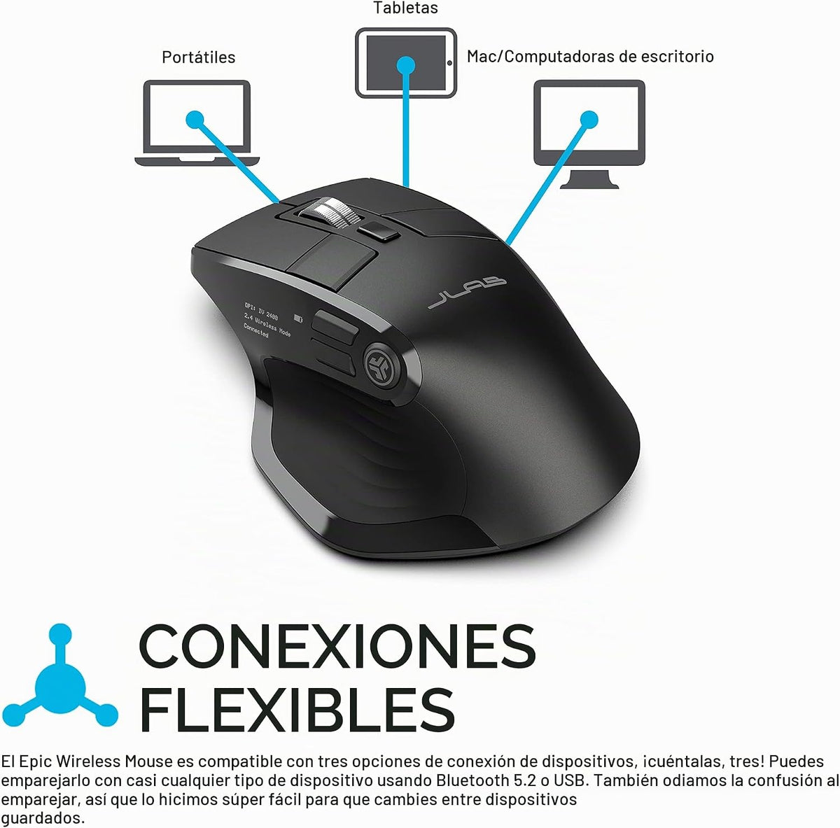 JLab, Ratón épico, inalámbrico, Bluetooth, multidispositivo, pantal...