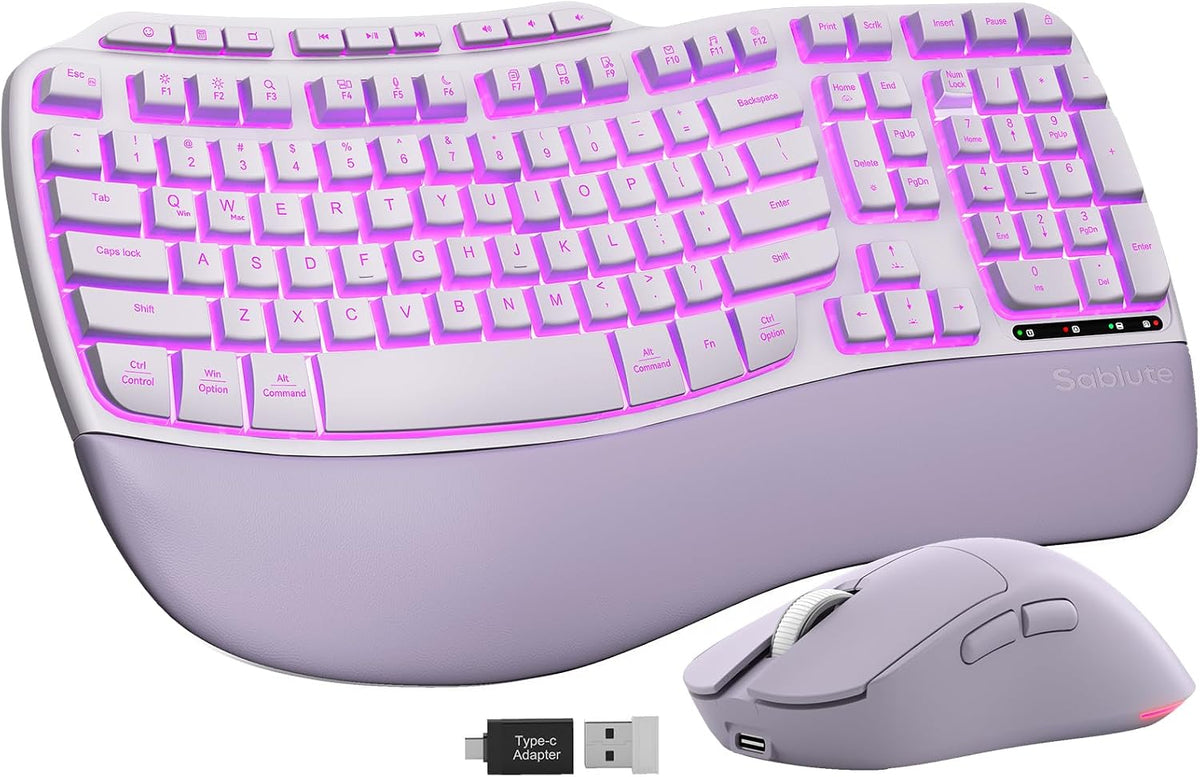 Combo de teclado y mouse inalámbricos ergonómicos morados, teclado...