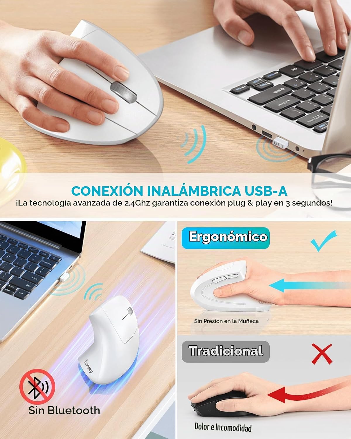 Lekvey Ratón ergonómico, ratón vertical inalámbrico, ratón óptico r...