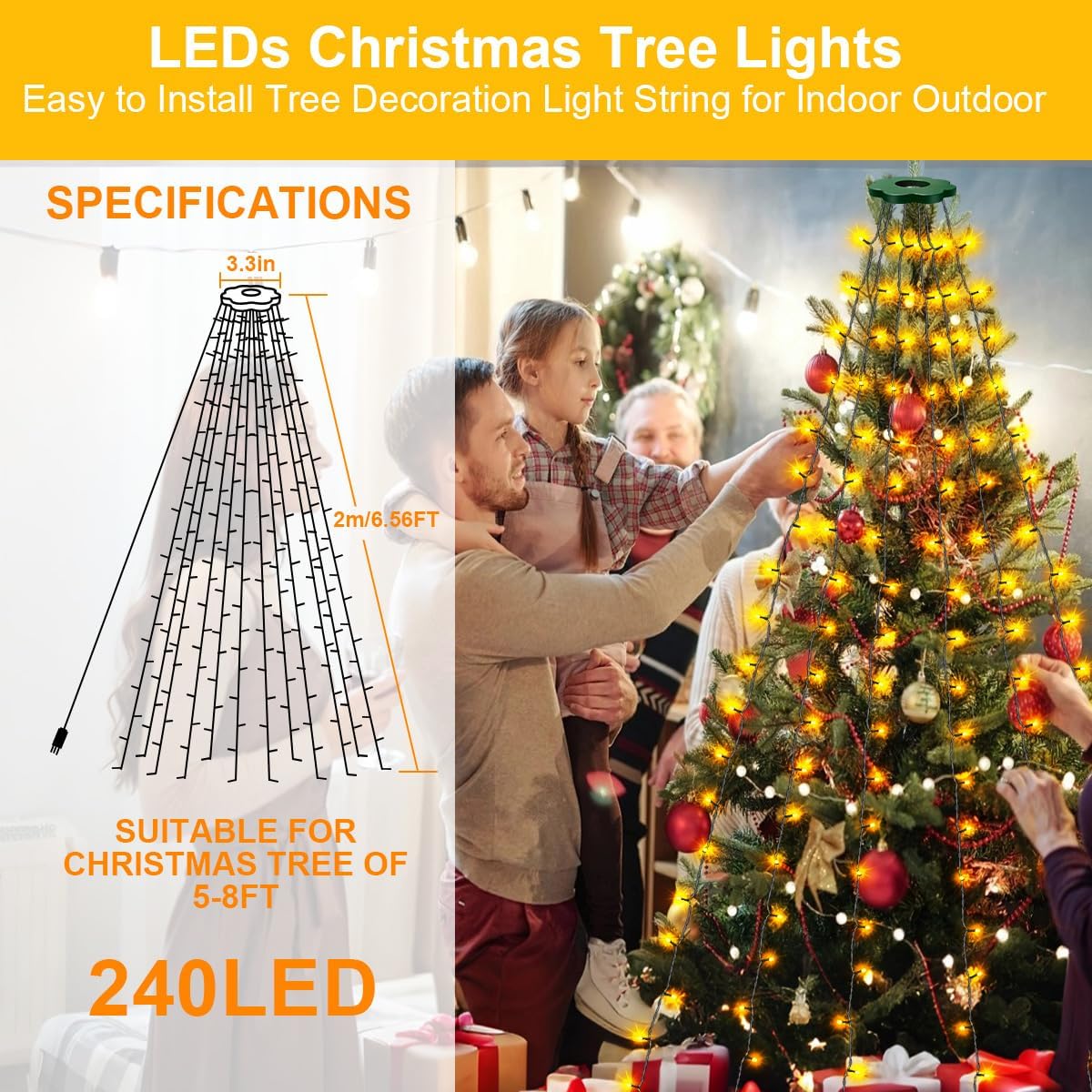 ROSCOO Paquete de 2 luces para árbol de Navidad, luces de decoració...