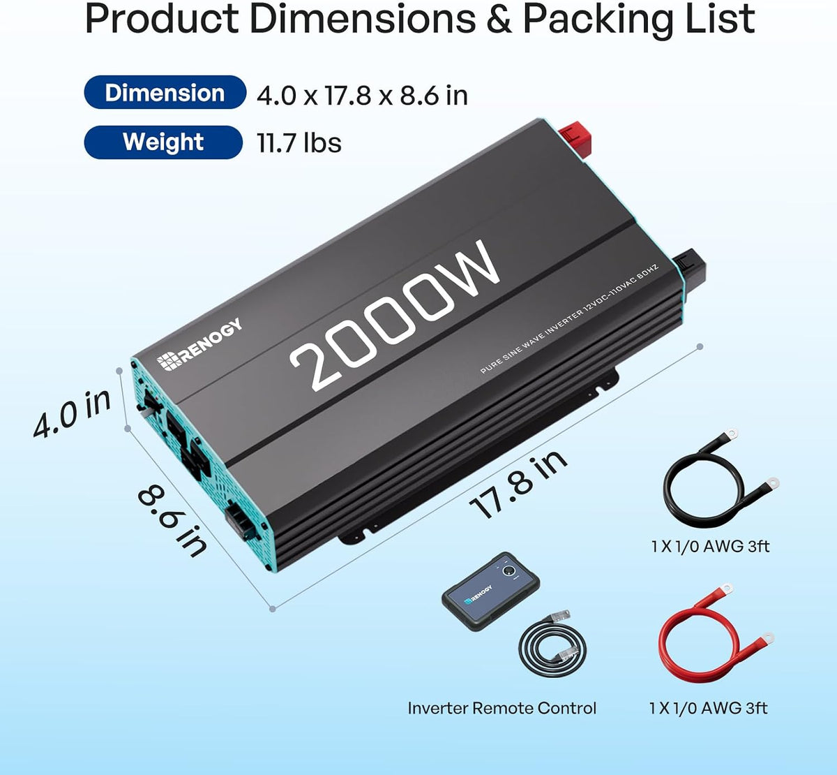 Renogy Inversor P2 de onda sinusoidal pura de 2000W, convertidor de...