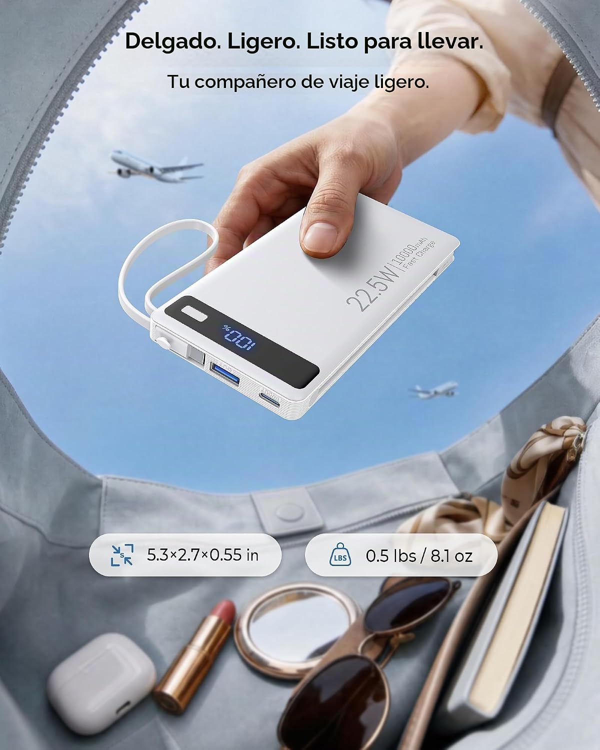 Cargador portátil delgado rápido de 22.5 W, banco de energía con 2...