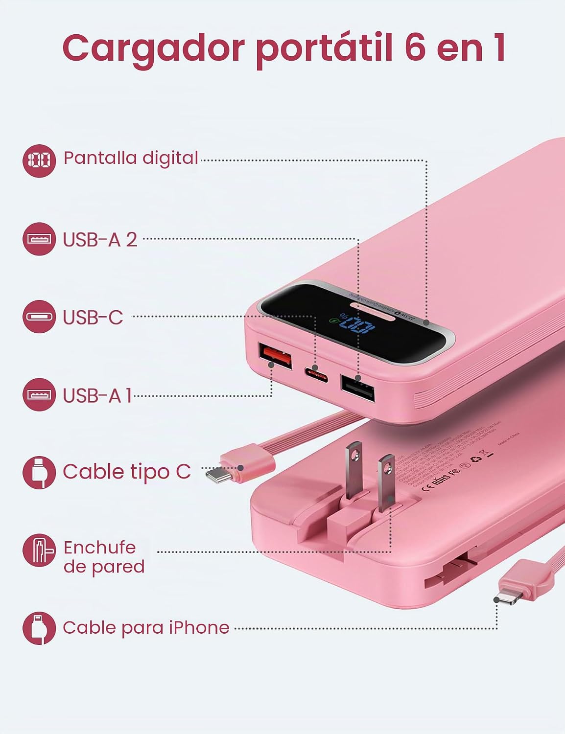 aonidi - Cargador portátil de 12000 mAh con cables integrados y enc...